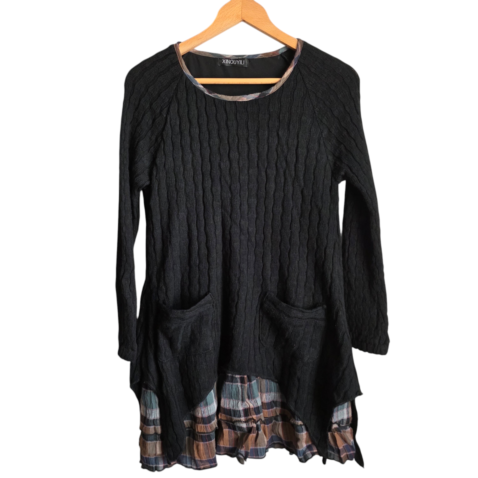 Xinouyili Black Cable Knit Plaid Lettuce Hem Sweater Dress With Pockets Size L?